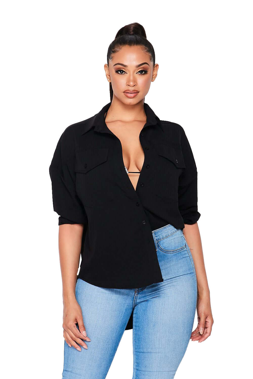 Hi Lo Bottom Up Shirt-Black