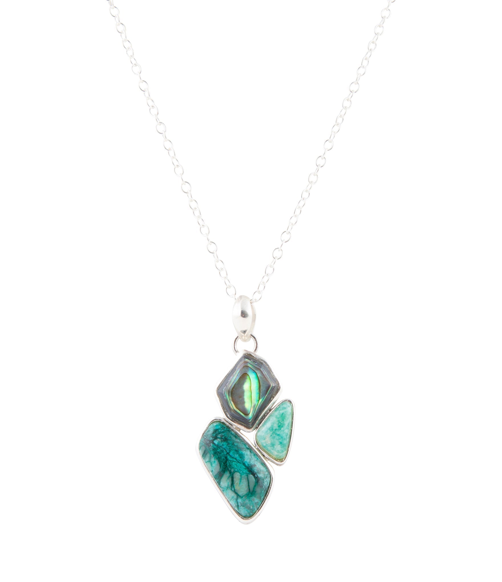 Blue Abalone Fire Sterling Silver Cluster Pendant Necklace