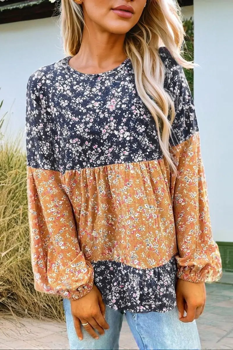 Love Salve Floral Patchwork Blouse Women&amp;#39;s Fall Top Southern Belle Style, Ruffled Hem