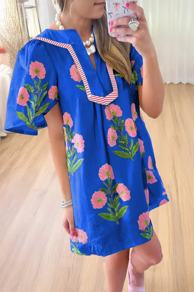 Love Salve Blue Floral Women&amp;#39;s Mini Dress Daily Wear Southern Belle Style Short Sleeve