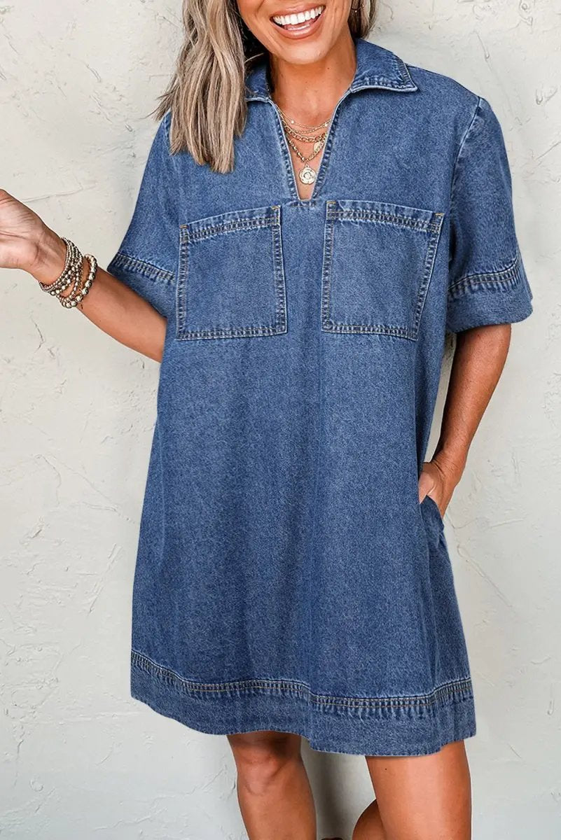 Love Salve Denim Mini Dress Women&amp;#39;s Daily Casual Collared Short Sleeve Patched Pocket