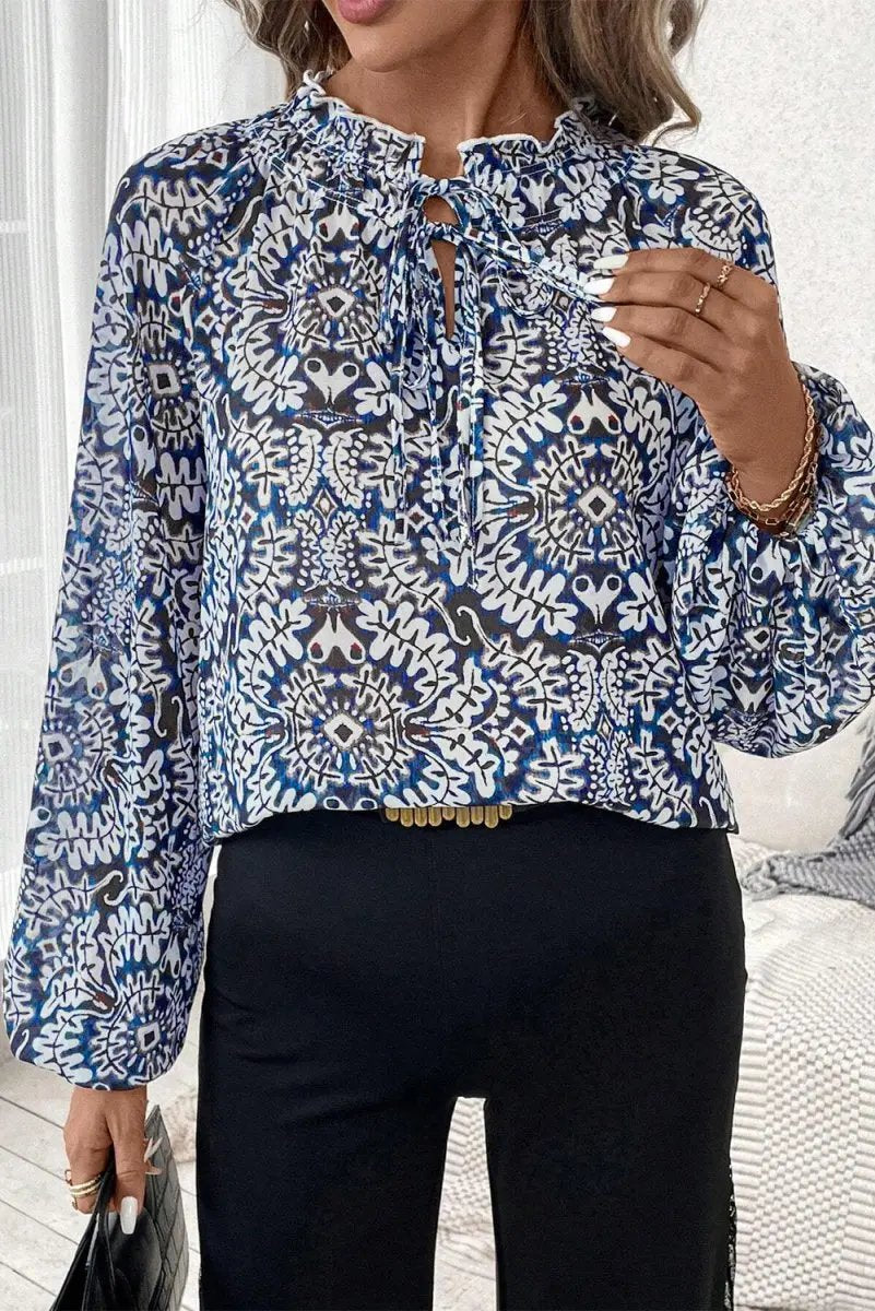 Love Salve Blue Print Blouse Women&amp;#39;s Daily Wear Top Frilled Neck Puff Sleeve