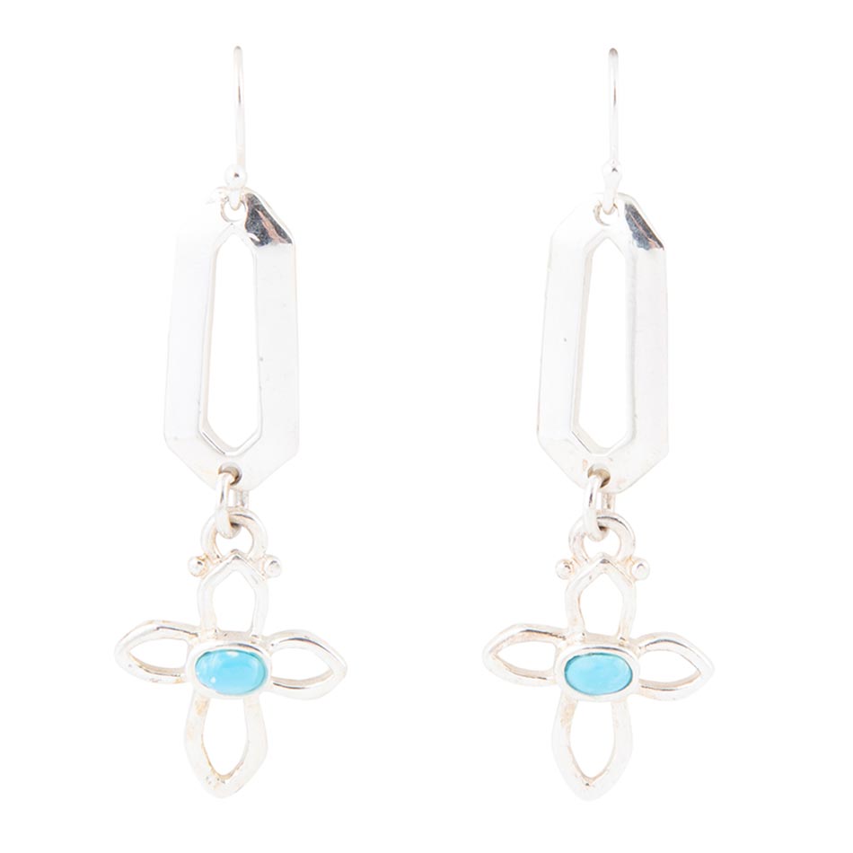 Blue Turquoise and Sterling Silver Cross Drop Earrings