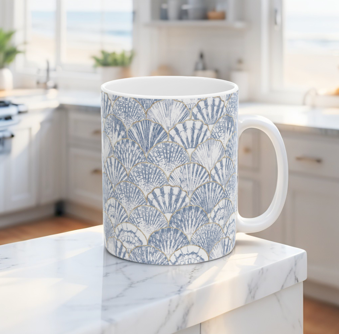 Blue Seashell Pattern Ceramic Mug - Perfect for Beach Lovers, Gift for Friends, Coffee Lover&amp;#39;s Mug, Home Decor, Ocean Vibes