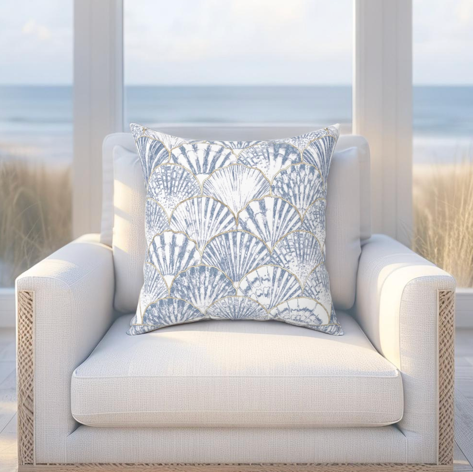 Blue Seashell Coastal Pillow