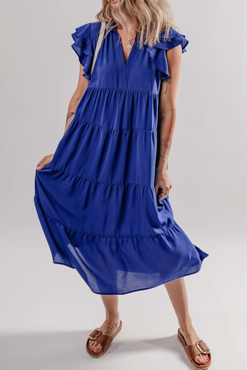 Bluing Tiered Midi Dress with Ruffled Sleeves and V Neck