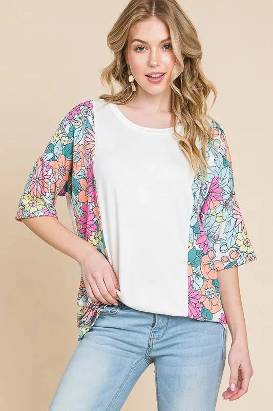 BOMBOM Floral Round Neck Half Sleeve T-Shirt for Women