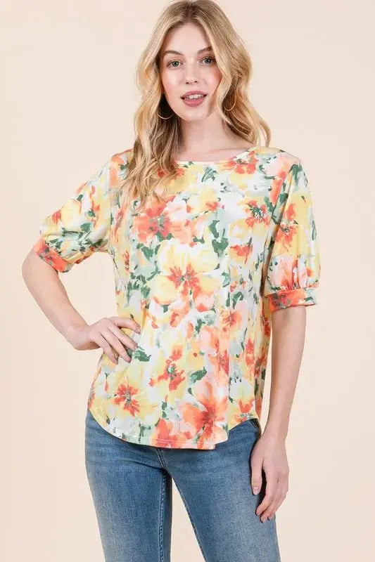 Trendsi Floral Puff Sleeve Top Women&amp;#39;s Casual Cute Shirt Chic Blouse