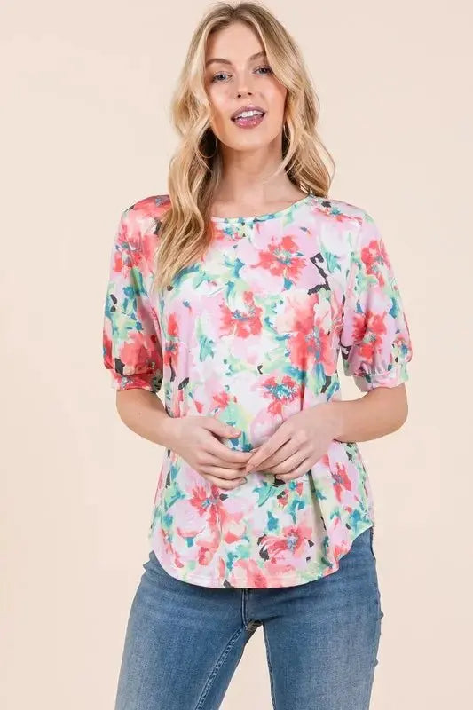 Trendsi Floral Puff Sleeve Top Women&amp;#39;s Casual Cute Shirt Soft Fabric