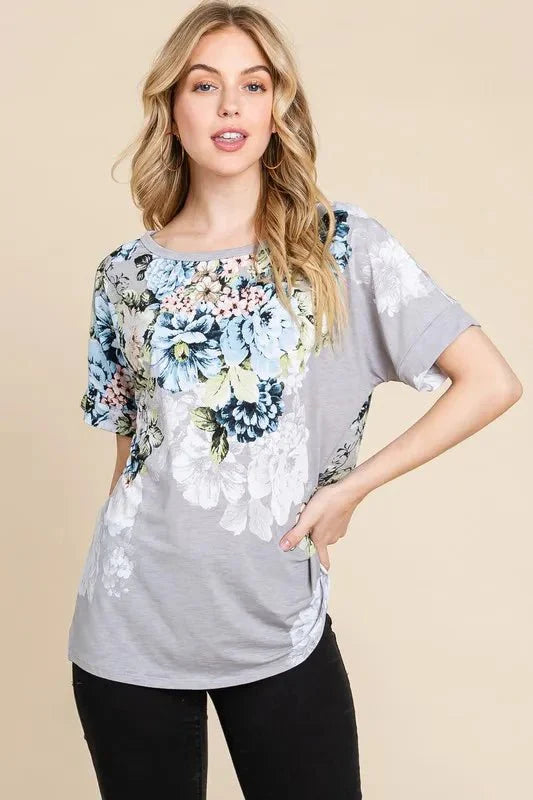 BOMBOM Floral Round Neck Short Sleeve T-Shirt for Women