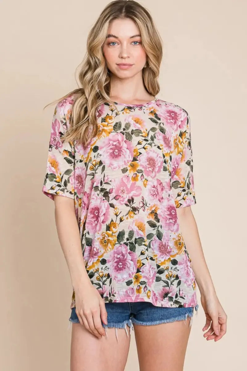 Trendsi Floral Round Neck Women&amp;#39;s Casual T-Shirt - Soft &amp;amp; Comfy Top