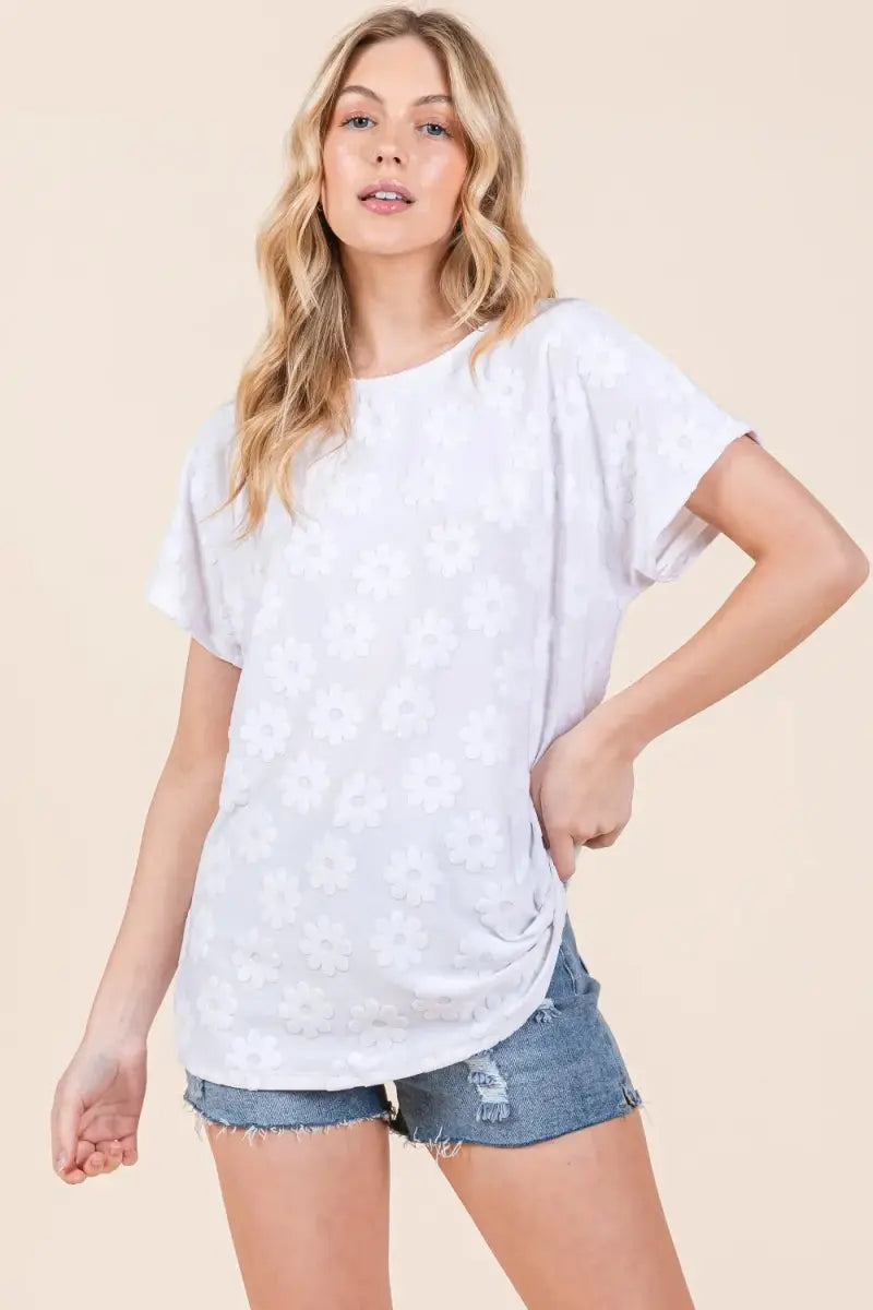 Floral Textured Tee Women&amp;#39;s Casual Short Sleeve T-Shirt USA Ship