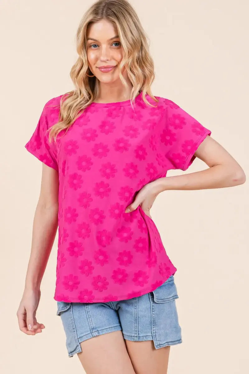 Floral Textured Tee Women&amp;#39;s Casual Top Short Sleeve T-Shirt USA Ship