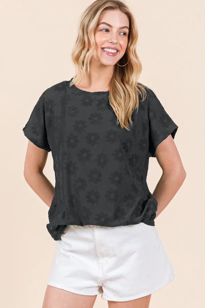 Floral Textured Tee Women&amp;#39;s Casual Top Short Sleeve T-Shirt Soft &amp;amp; Stylish