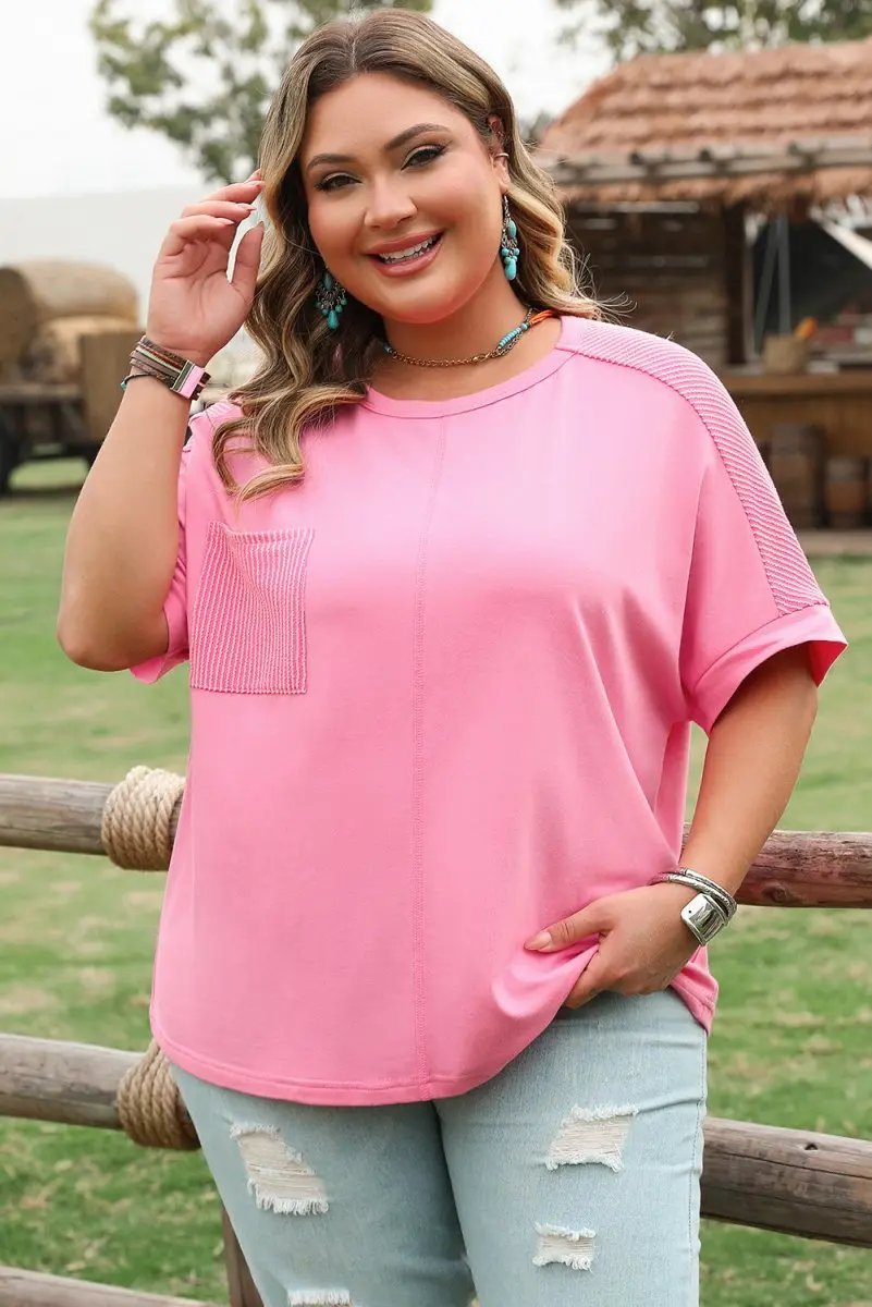 Love Salve Plus Size Pink Patchwork Daily T-Shirt Women&#39;s Casual Summer Top
