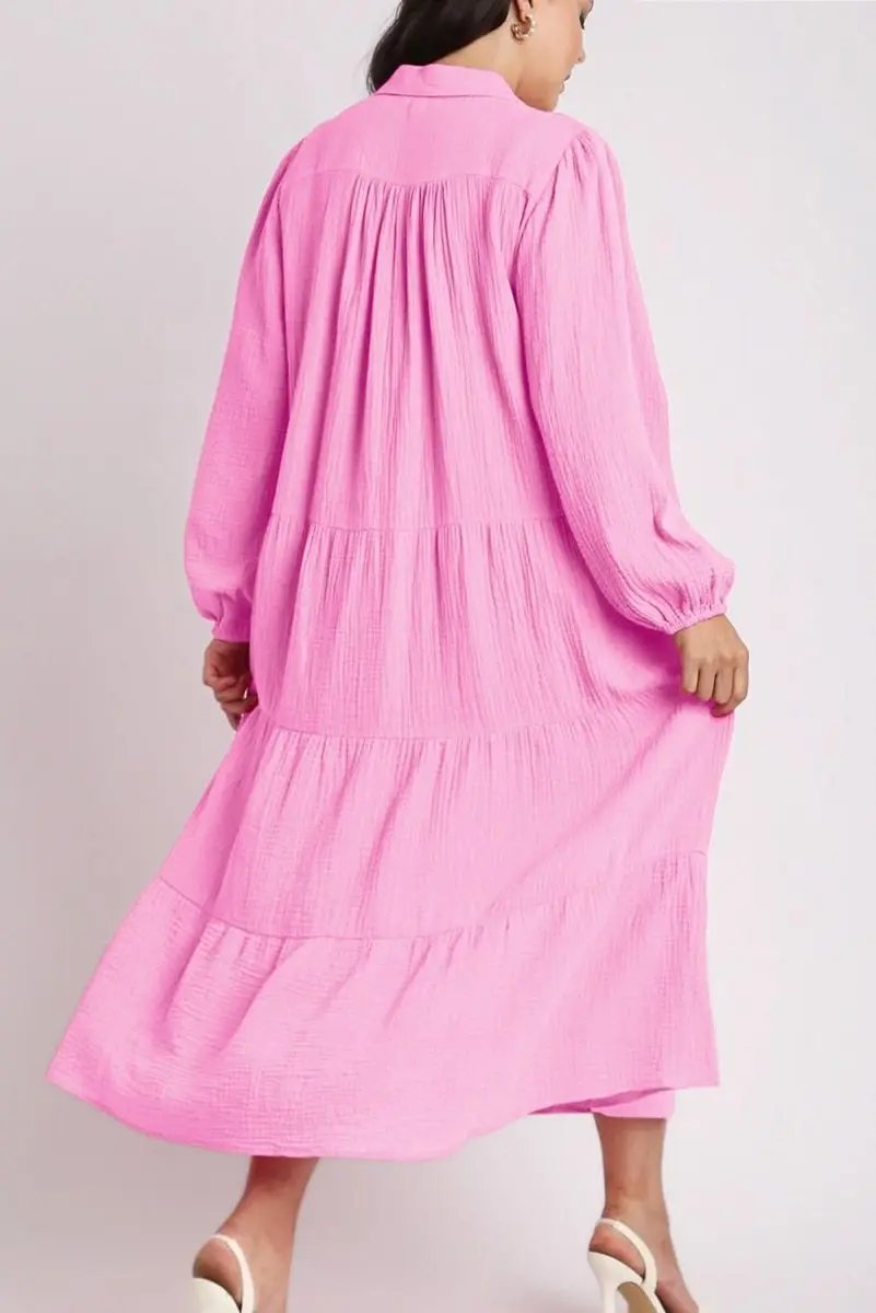 Love Salve Pink Midi Dress Women&amp;#39;s Daily Wear Casual Dress Tiered, Loose Fit