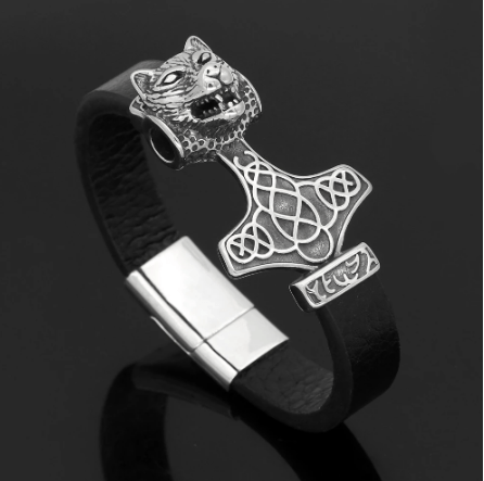 Vikings Wolf Head in Mjolnir Leather Bracelet
