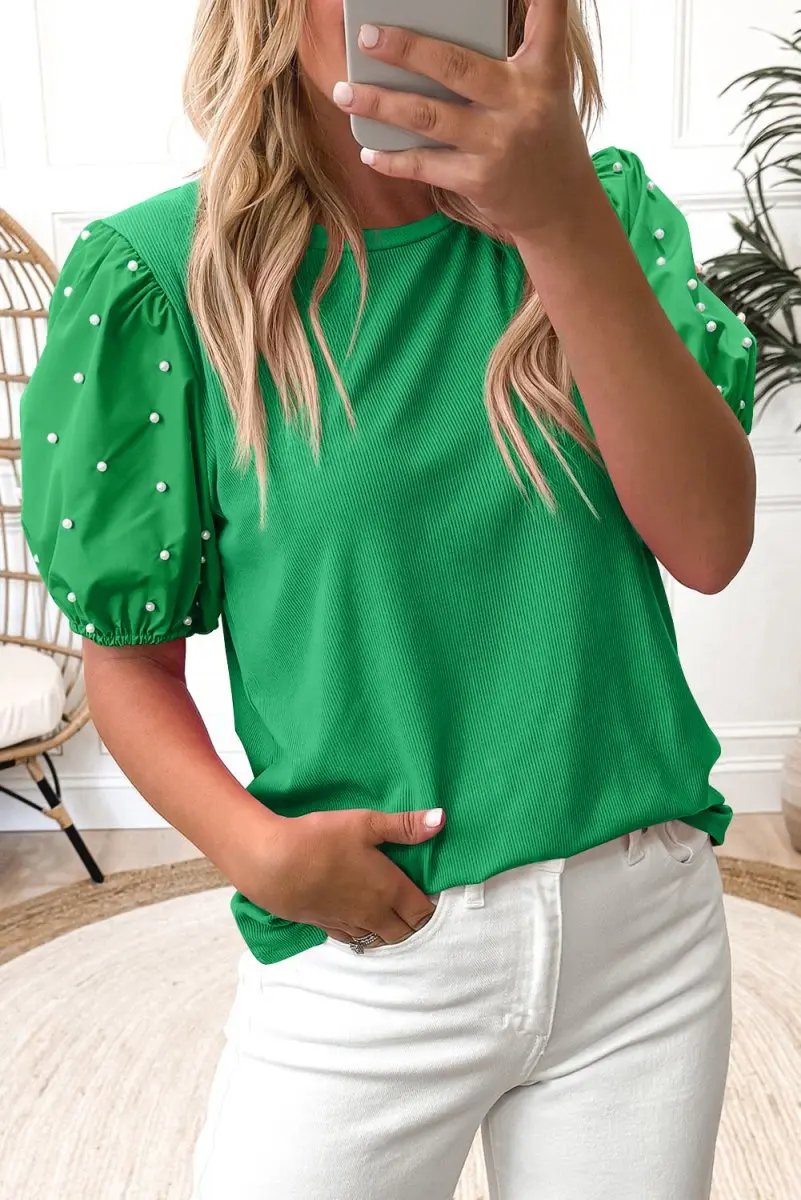 Love Salve Green Ribbed Top Women&amp;#39;s Daily Wear Puff Sleeve Shirt - Pearl Beaded