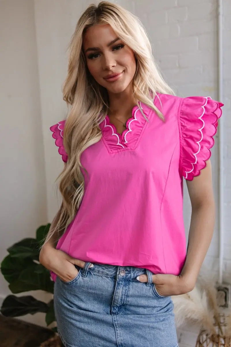 Love Salve Pink Scallop Blouse Women&amp;#39;s Daily Southern Belle Top Ruffle Sleeve V Neck