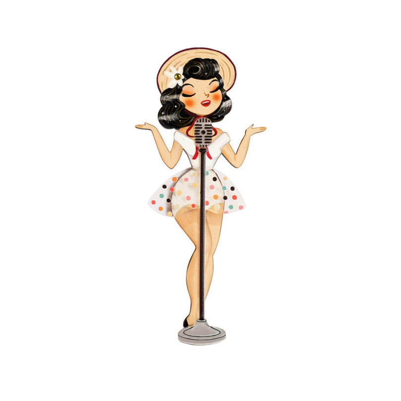 Pin-up Singer Standing w/ Microphone Brooch by Laliblue