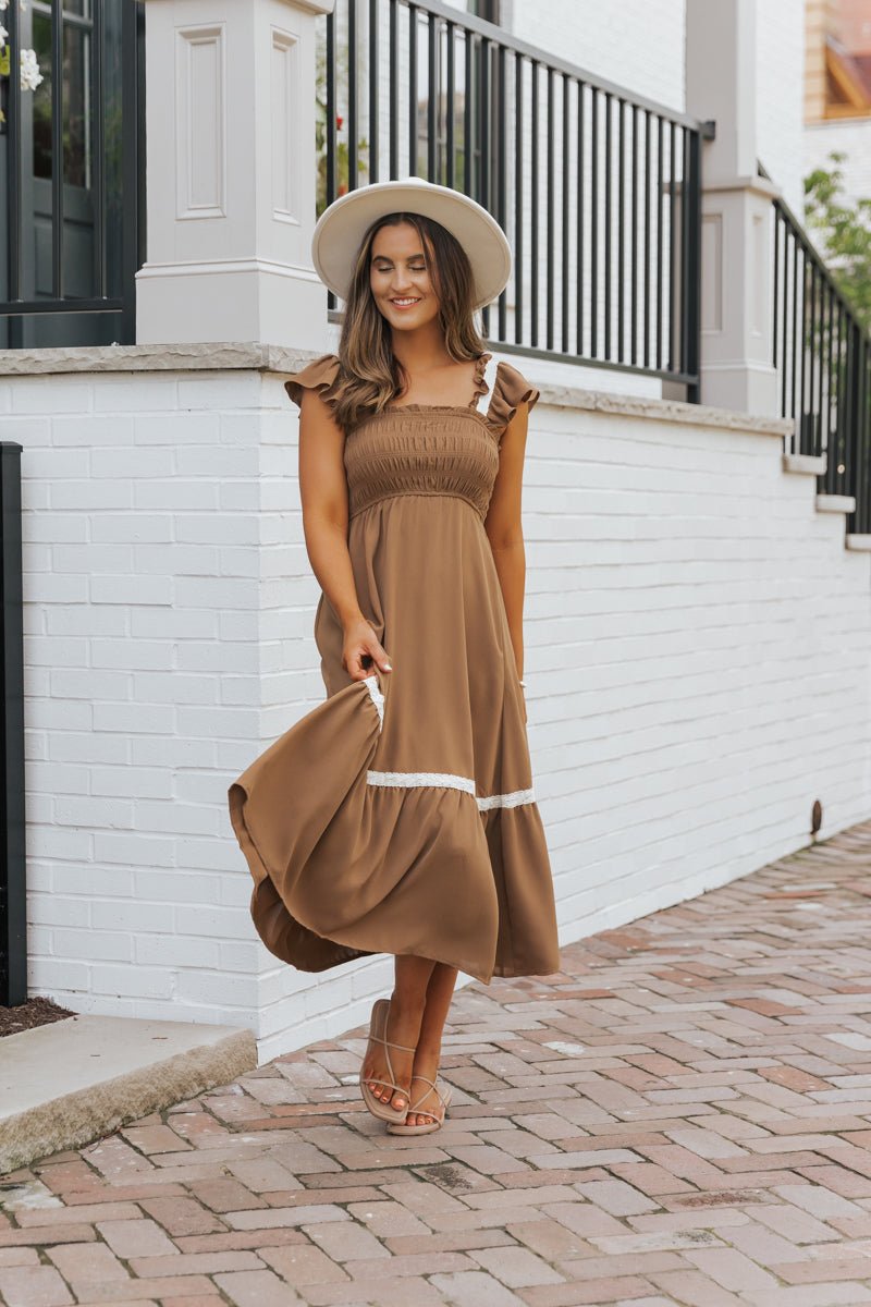 Brown Contrast Flutter Sleeve Midi Dress - FINAL SALE