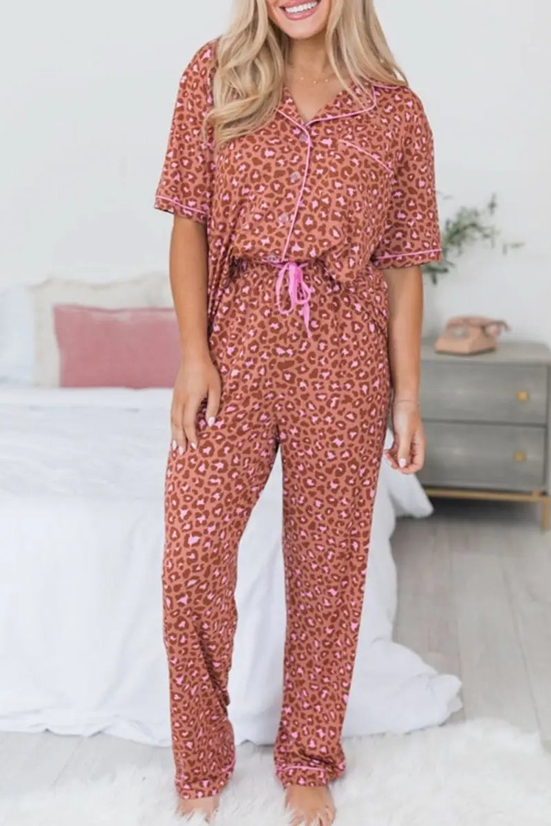Love Salve Brown Leopard Pajama Set Women&amp;#39;s Loungewear Comfy Sleepwear