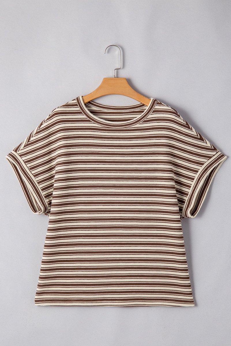 Brown Stripe Textured Side Slits Crew Neck T Shirt for Women
