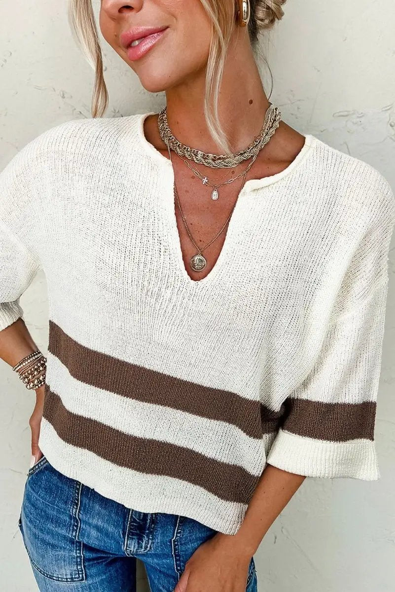 Love Salve Brown Striped Women&amp;#39;s V-Neck Cropped Top Sweater T-Shirt: Trendy, Comfortable
