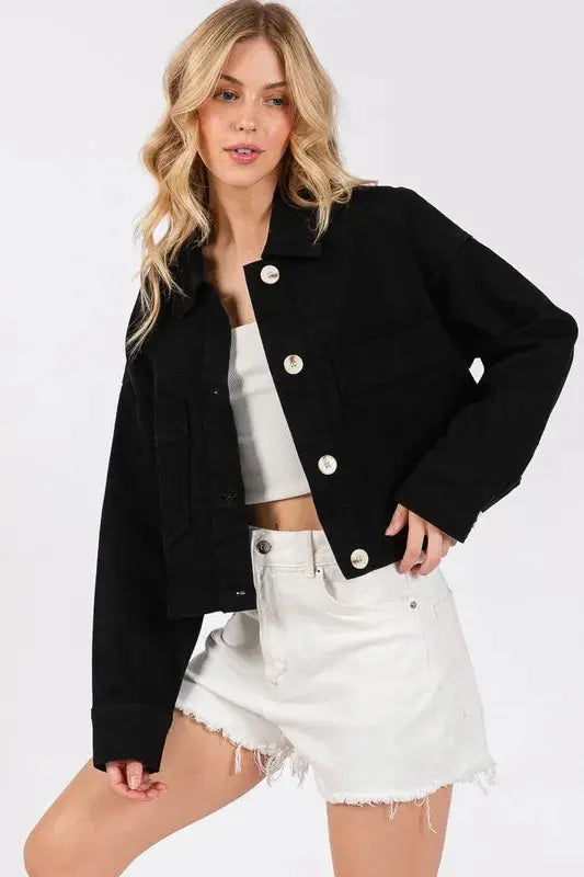 Trendsi Denim Jacket Cropped Black Wash Women&amp;#39;s Button Down Jacket + Patch Pockets