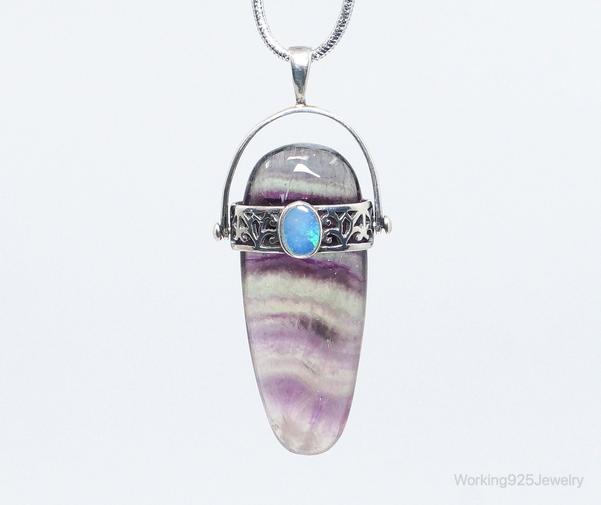 Vintage Purple &amp;amp; Green Fluorite Blue Opal Sterling Silver Pendant