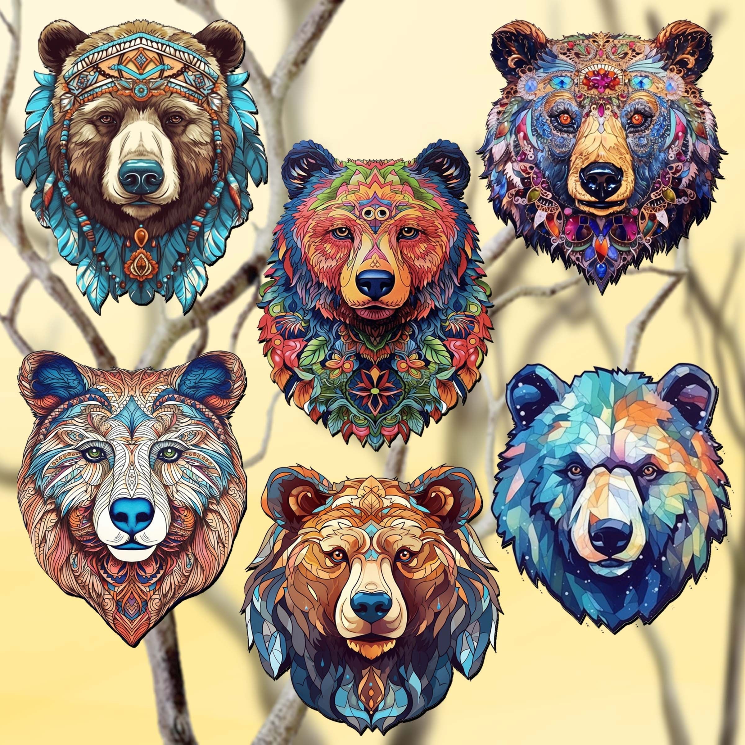 Mystical Bears Clip-On Eco Wood Decorative Ornaments Set of 6 by G. Debrekht - Wildlife Decor - 8090120C-S6