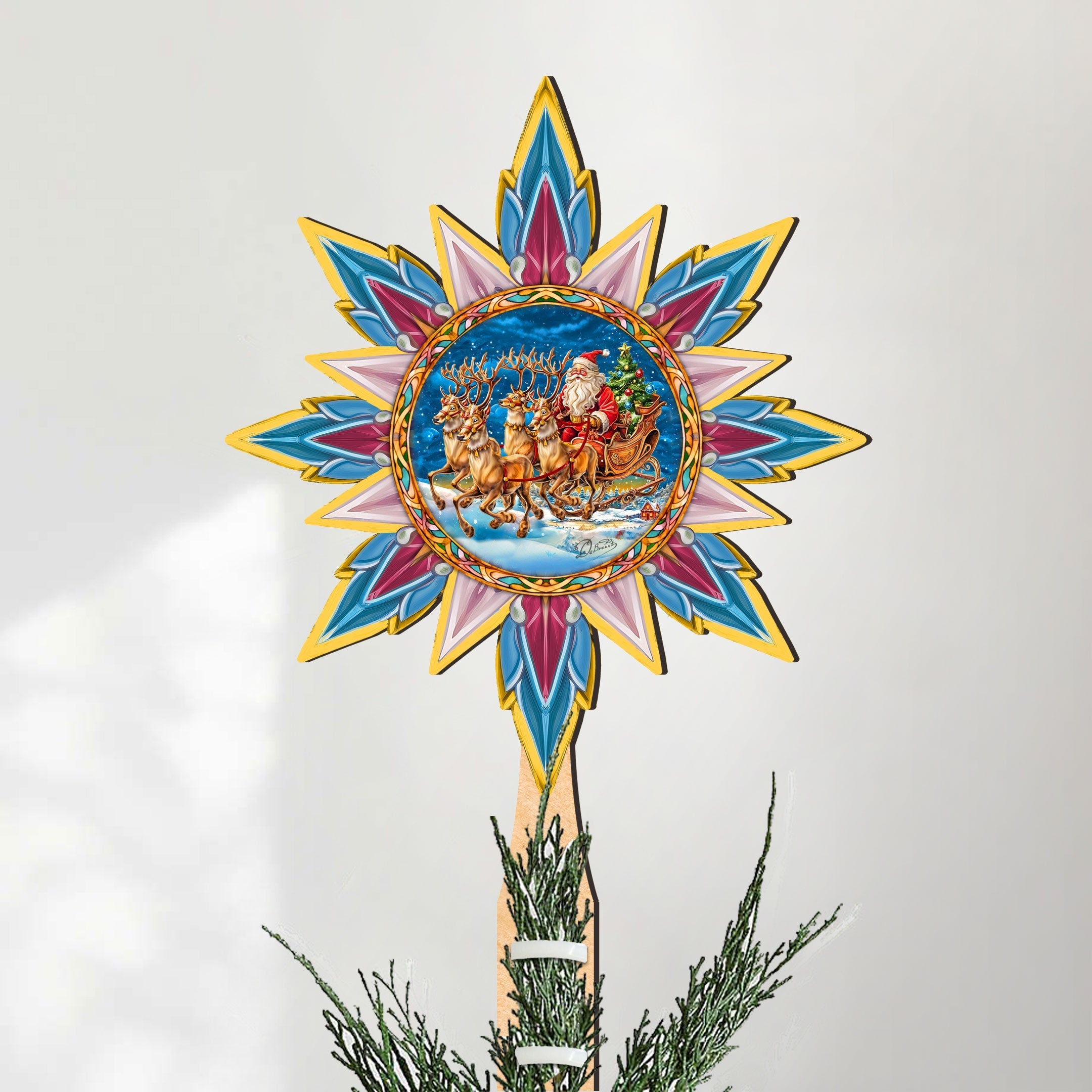 Santa on the Sleigh Star Tree Topper Wooden Decor by G. Debrekht - Santa Snowman Decor - 89516