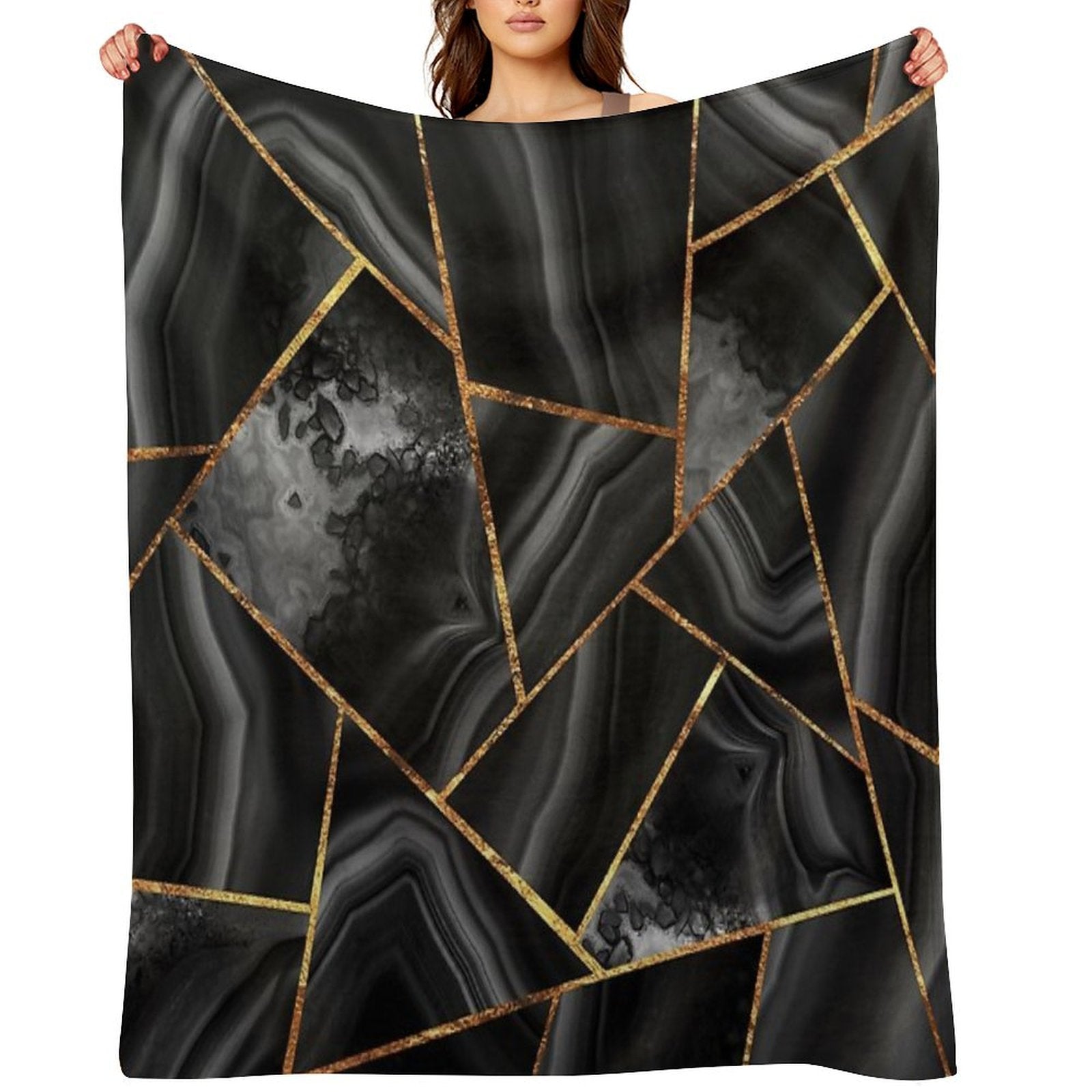 Black Night Agate Gold Geometric Glam #2 #geo #decor #art Throw Blanket