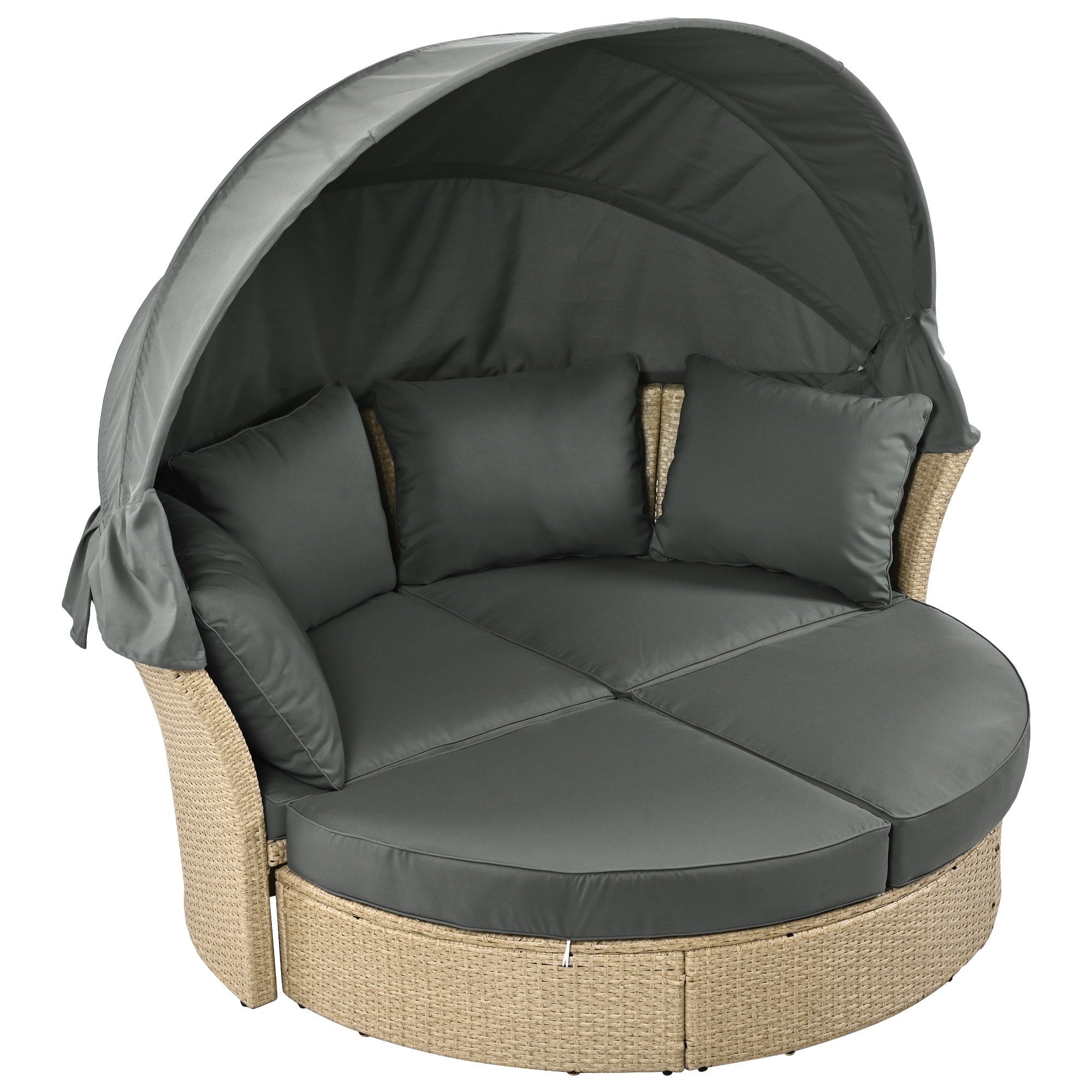 Outdoor Patio Daybed Wicker Rattan Double Daybed with Retractable Canopy, Grey, Polyester Upholstery, 71.7 x 63.4 x 62.2 inches