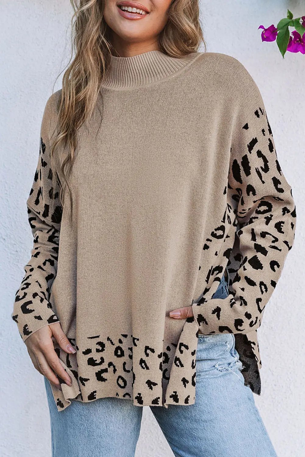Threaded Pear Leopard Sweater Women&amp;#39;s Daily Wear Oversized Sweater High Neck, Side Slit