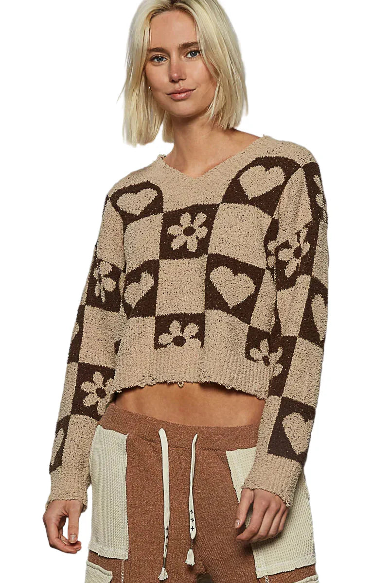 Garden Naked V-Neck Heart Pattern Checkered Sweater