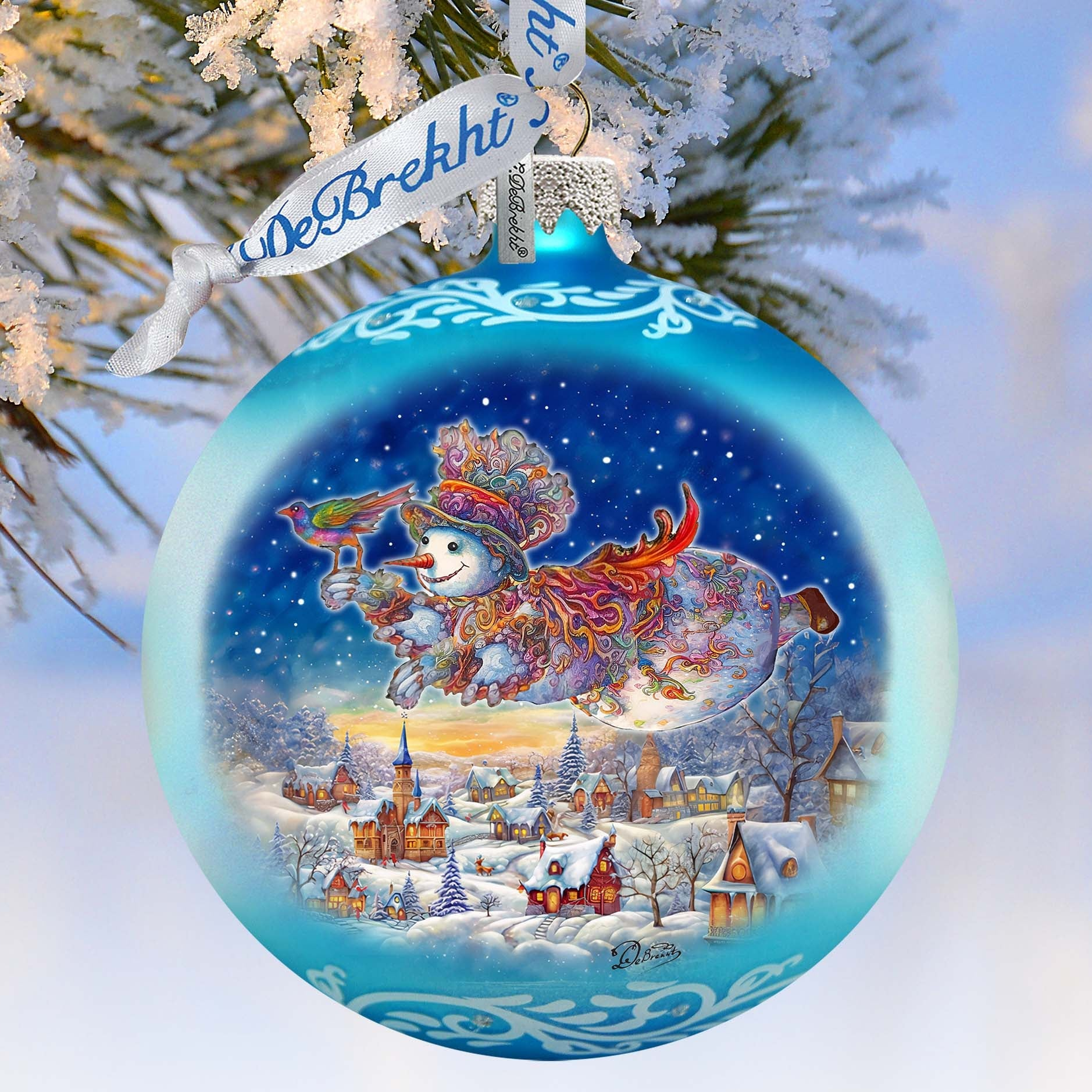 Winter Skies Adventure Ball Glass Ornament by G. Debrekht - Christmas Santa Snowman Decor - 73380