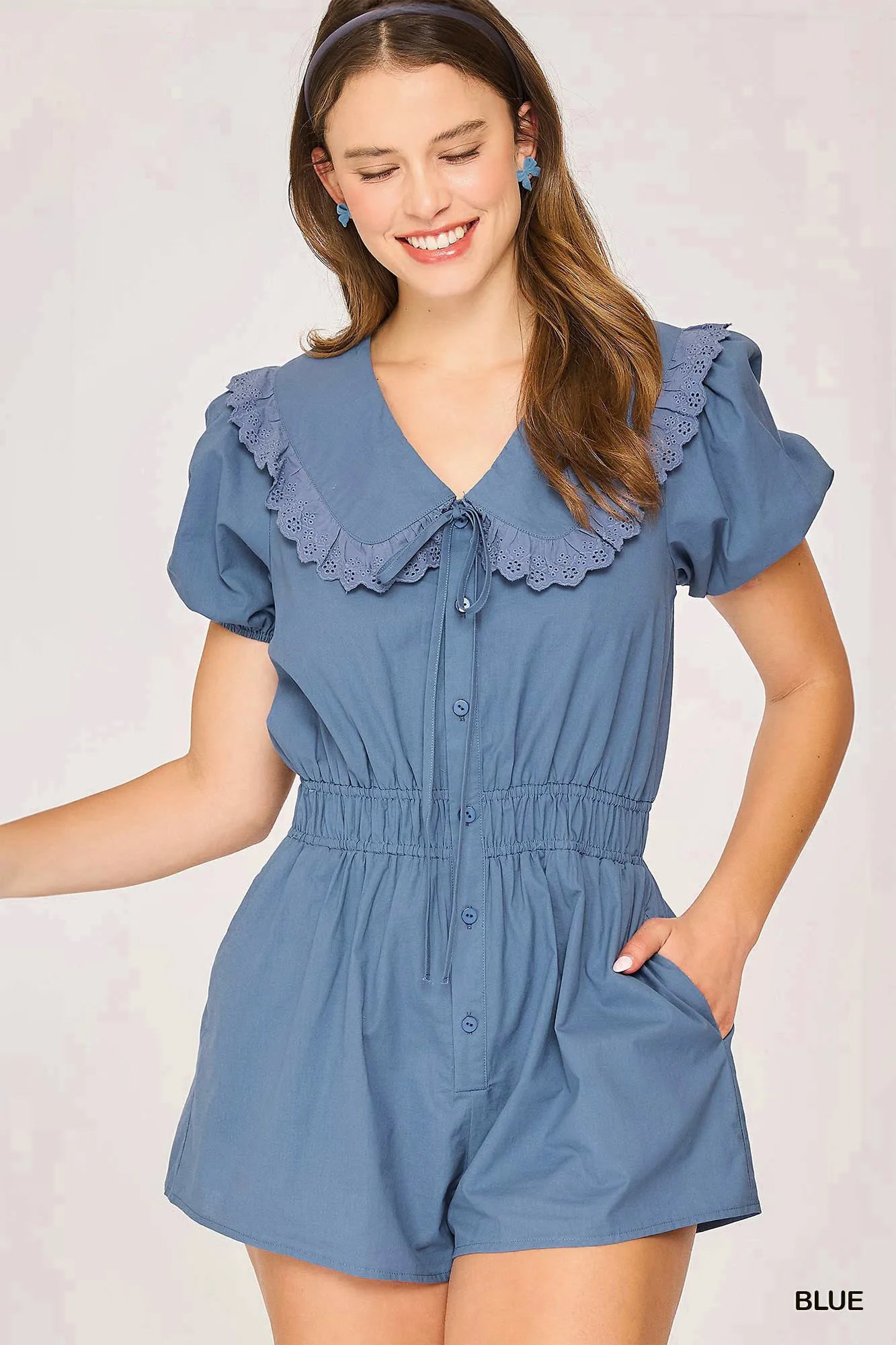 Umgee Collared Short Sleeve Button Down Romper