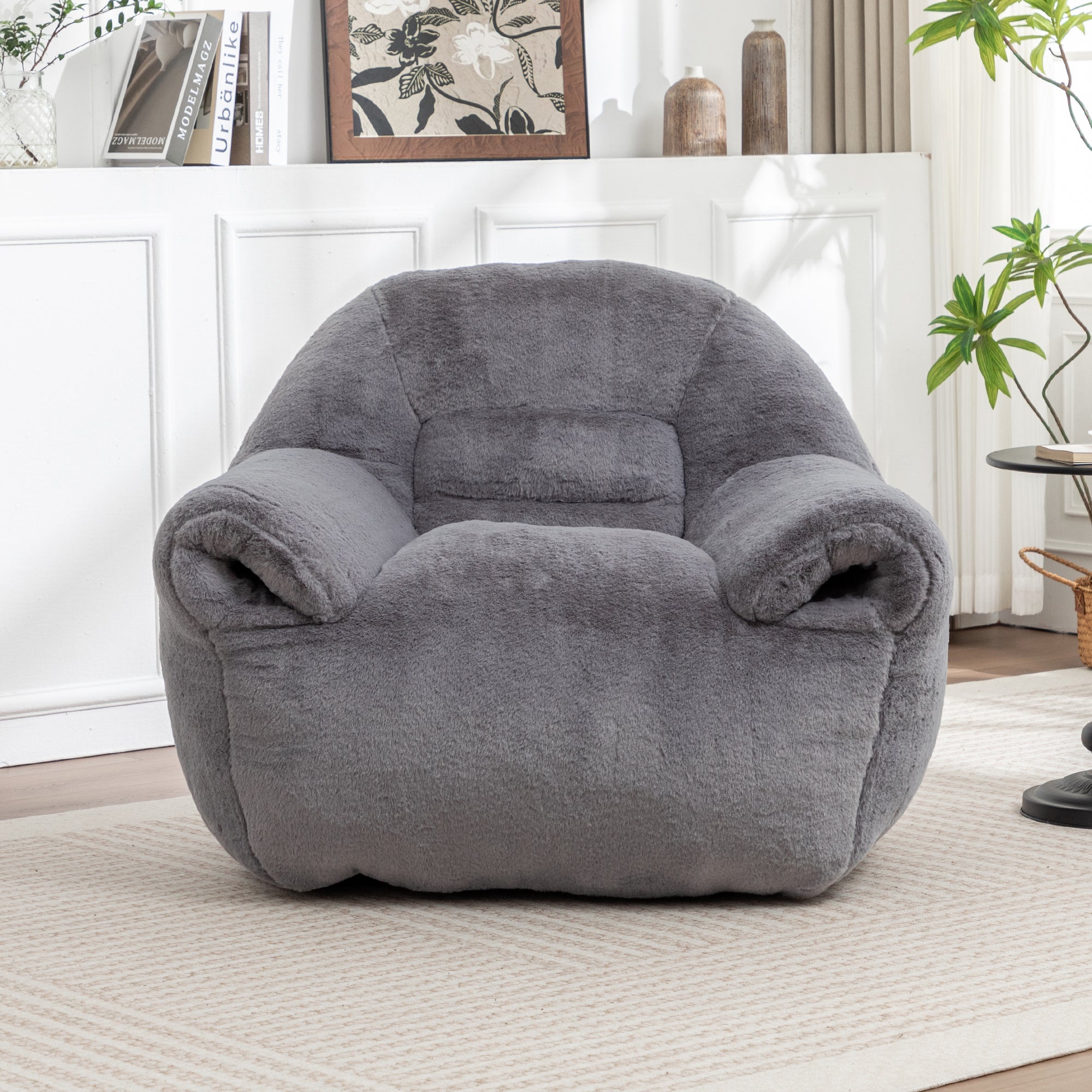 Bean Bag Chair, Comfy Bean Bag Sofa with Back Support, Faux Fur Bean Bag Chair for Adults and Kids, Stuffed Floor Sofa for Living Room, Bedroom, Apartment, Grey