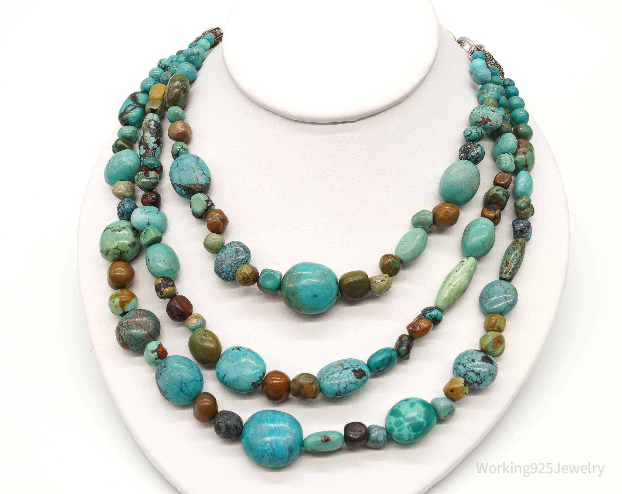 Vintage Designer BJ Mixed Type Turquoise Bead Sterling Silver Necklace 20&amp;quot;