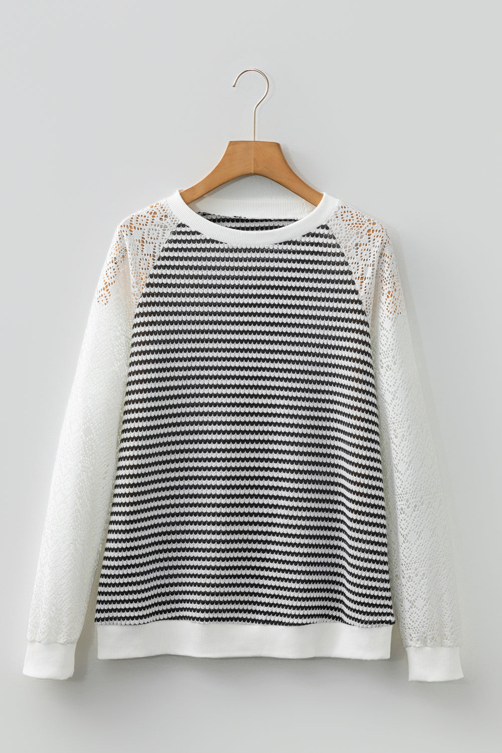 Stripe Textured Knit Lace Patchwork Long Sleeve Top