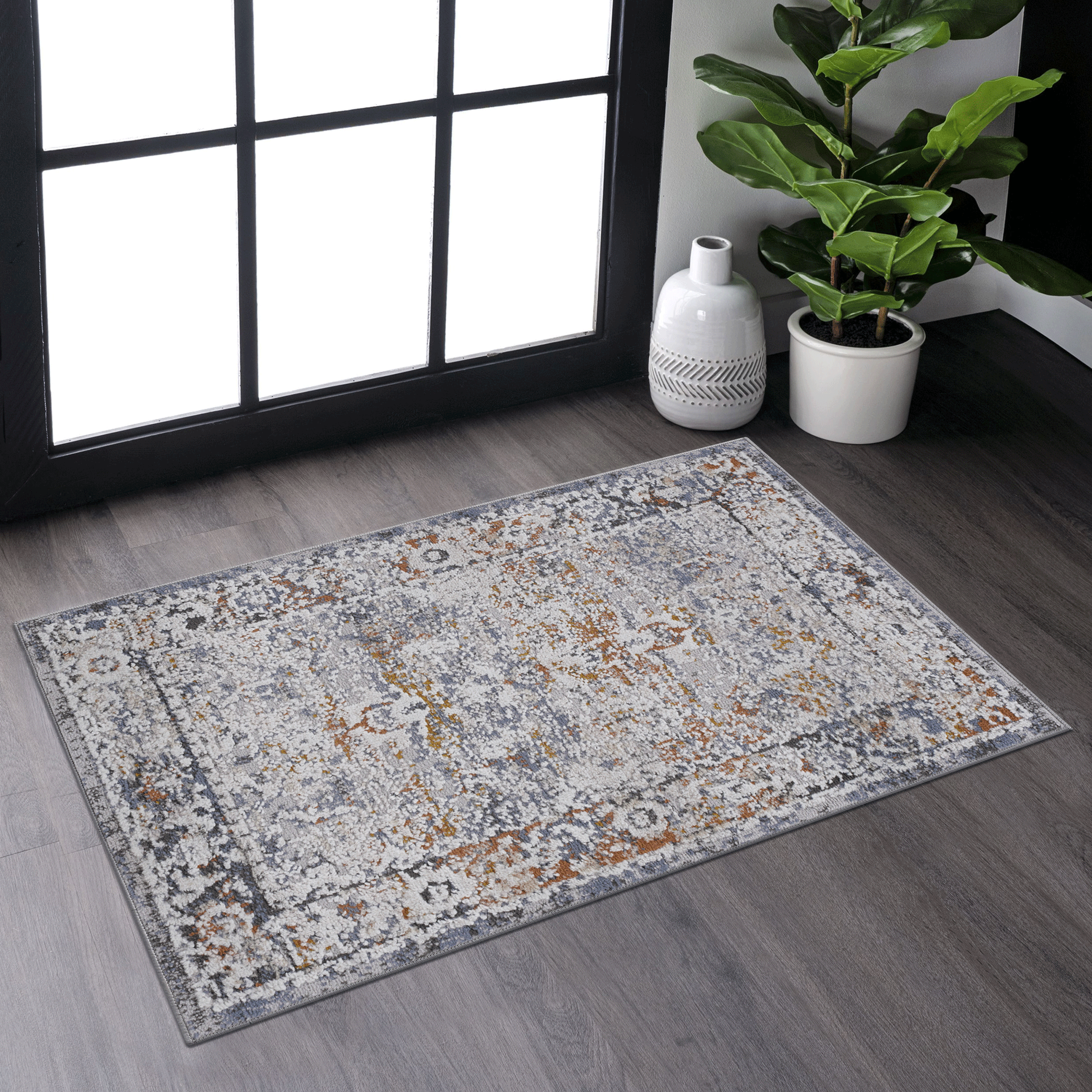 NAAR PAYAS Collection 2X3 Ivory / Grey / Traditional Doormat Rug