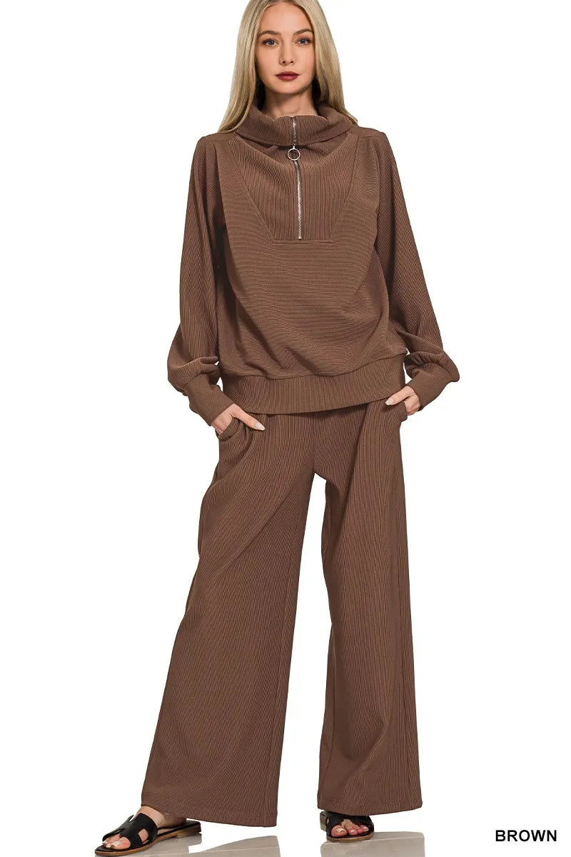 Zenana Ribbed High Neck Half Zip Pullover &amp;amp; Pants Set