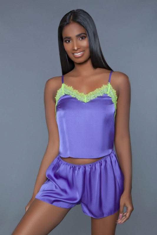 Premium BE WICKED Callie Satin Set, Purple/Neon Yellow, Small - Women&amp;#39;s Lingerie