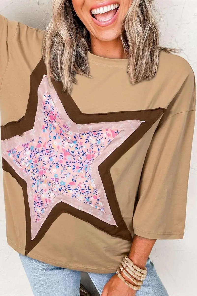 Love Salve Camel Floral Star Top Women&amp;#39;s Casual 3/4 Sleeve Spring Top: Craft Applique