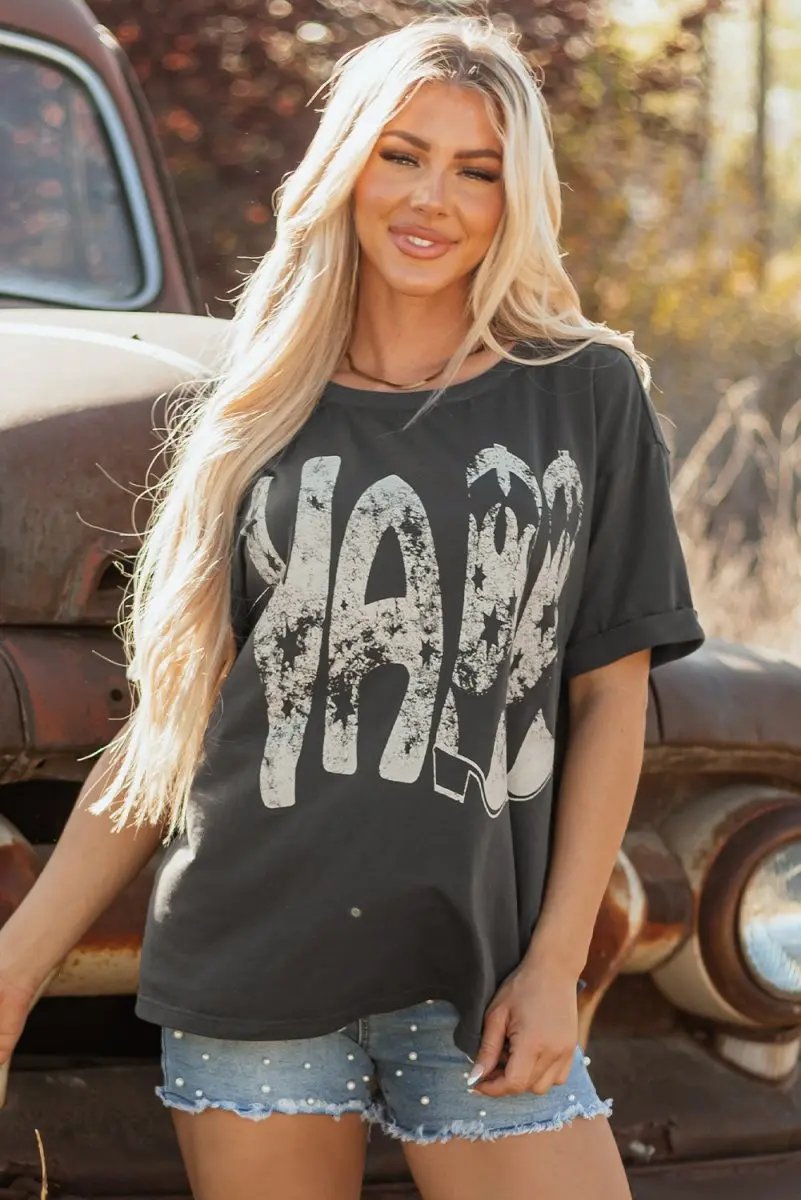 Love Salve Grey Cowboy Boots Graphic Tee Unisex Casual Summer Top