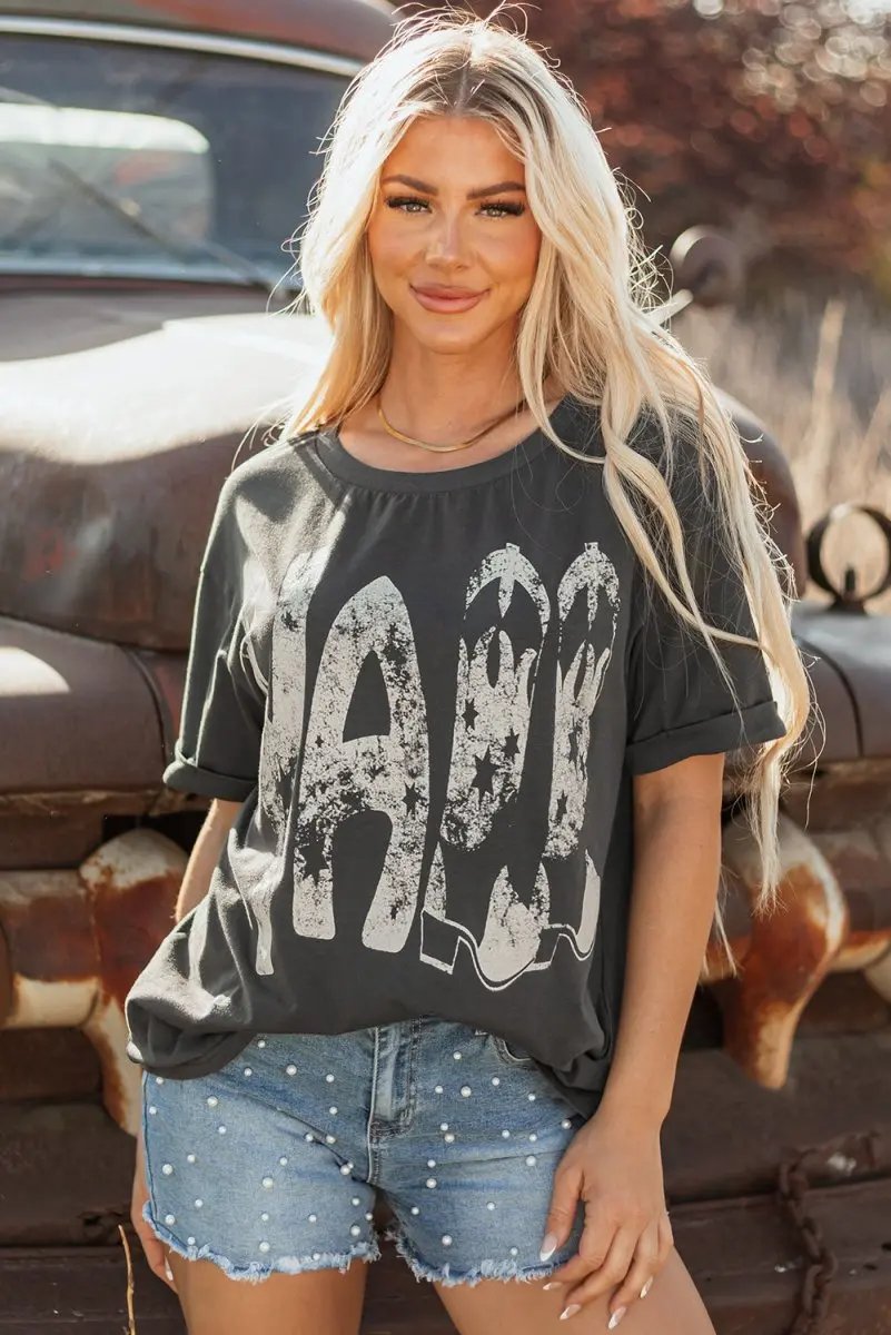 Love Salve Grey Cowboy Boots Graphic Tee Unisex Casual Summer Top