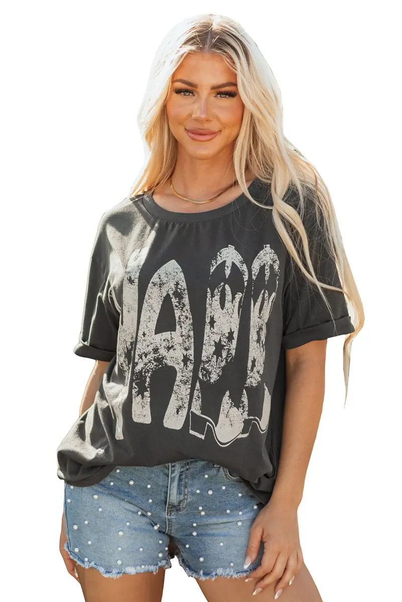 Love Salve Grey Cowboy Boots Graphic Tee Unisex Casual Summer Top