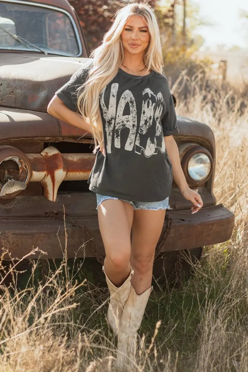 Love Salve Grey Cowboy Boots Graphic Tee Unisex Casual Summer Top