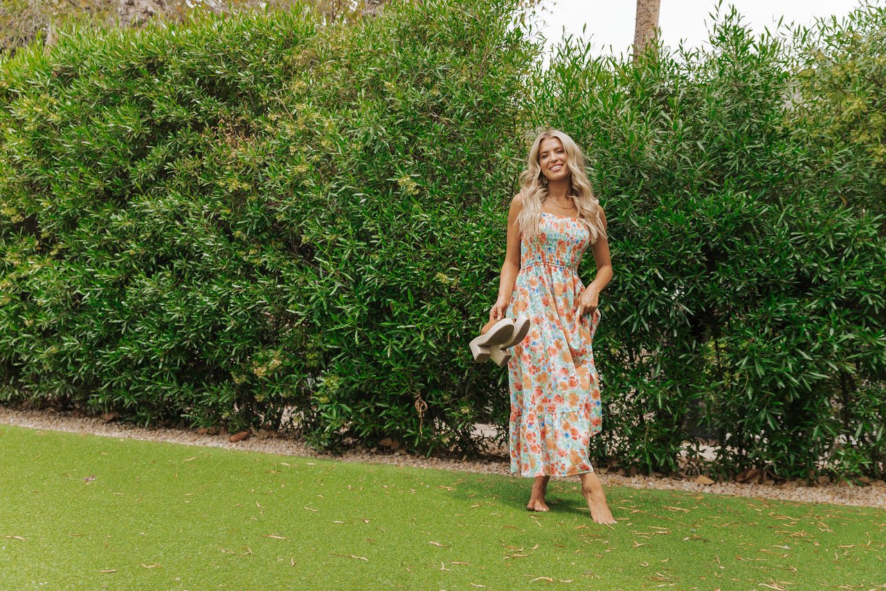Caribbean Green Floral Smocked Maxi Dress-FINAL SALE